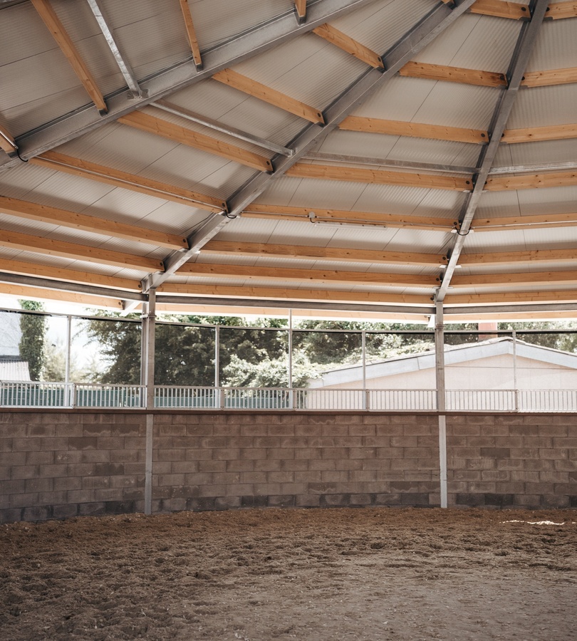 Innenansicht der Longierhalle mit Sandboden, gemauerter Bande und Dachkonstruktion aus Holz und Stahl